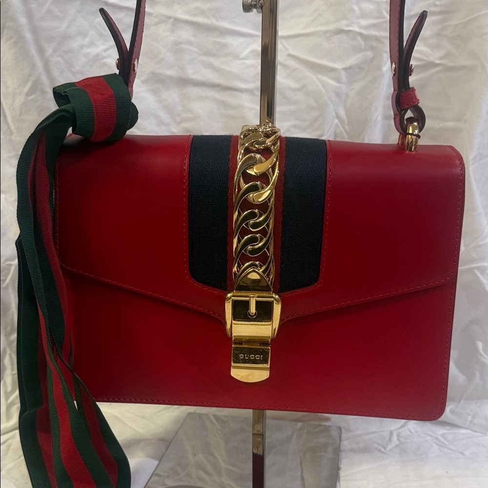 Gucci Red Web Sylvie Leather Large Shoulder Bag with COA and extra strap.